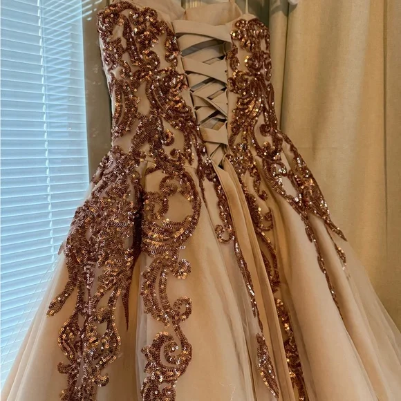 Dancing Queen Sequin Embellished Girls Dress in Cream and Rose Gold